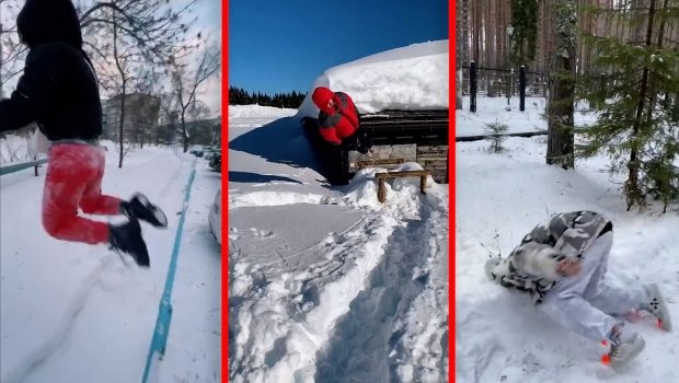 Масовно скокање во длабок снег: Не се знае кој повеќе ужива - луѓето или животните