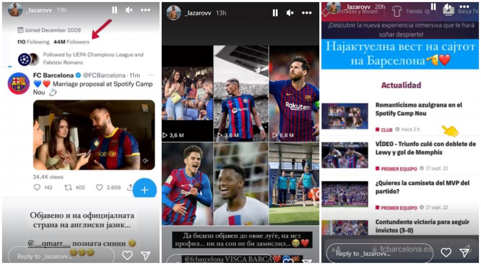 Видеото од запросувањето објавено на сите канали на ФК Барселона: Милиони луѓе воодушевени од гестот на Стефан Лазаров